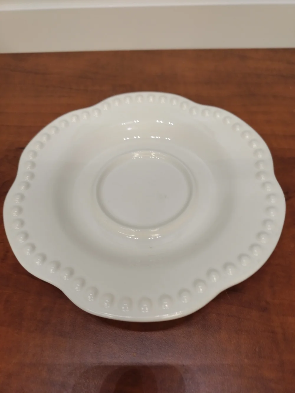 Pottery Barn Emma Beaded Collection White Stoneware Teacup and Saucer. Set Of 4
